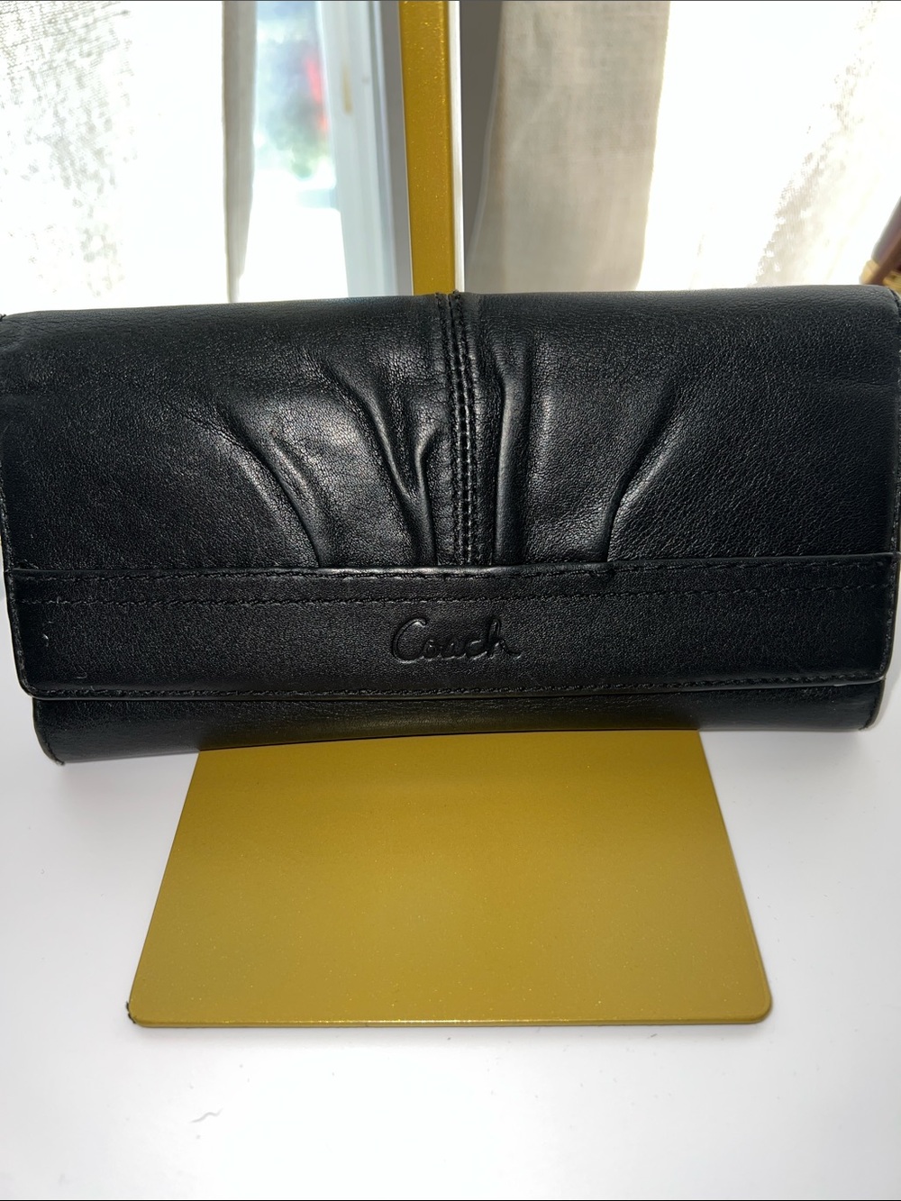 Coach Black Leather Trifold Wallet with Embossed Logo